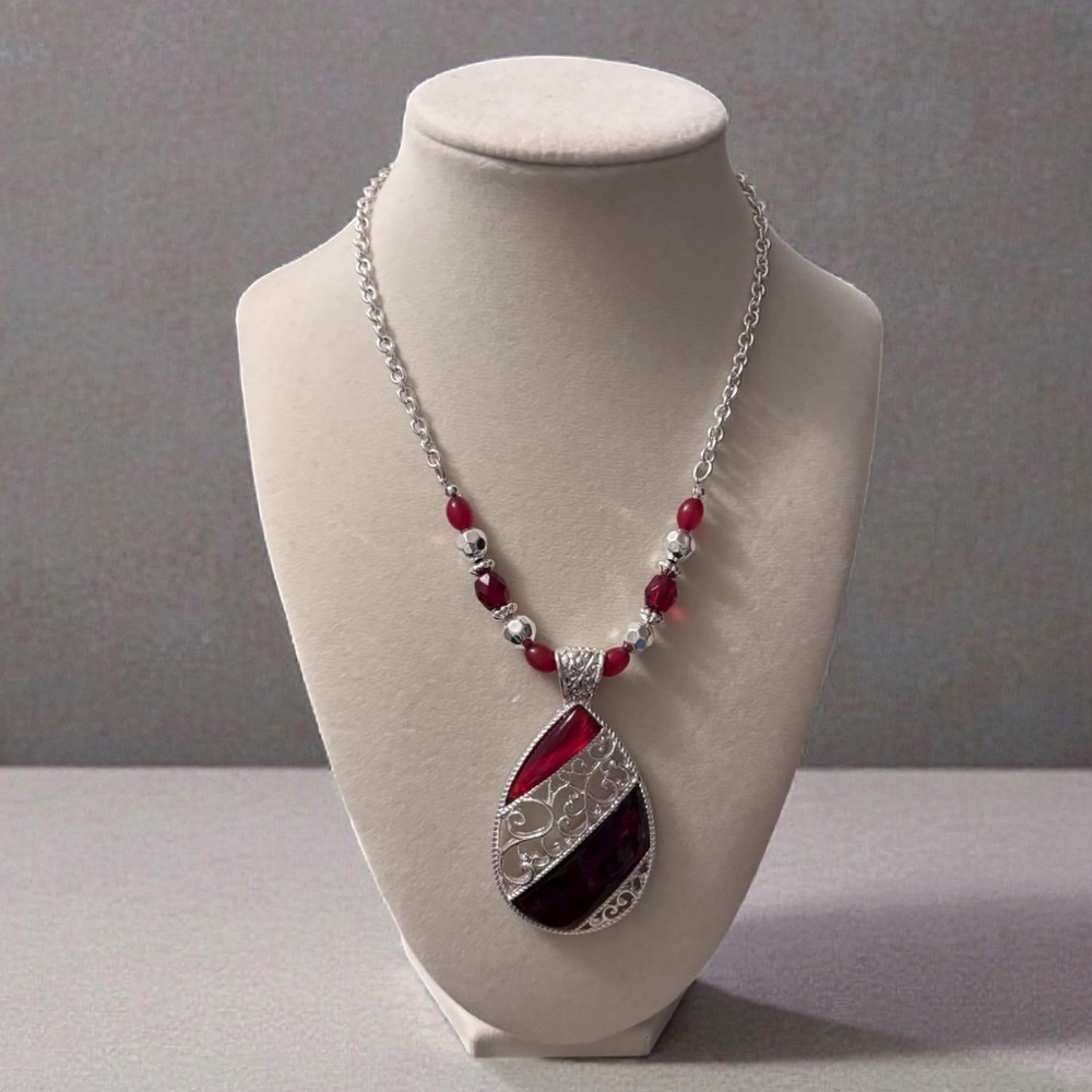 Chico’s Elegant Silver and Red Pendant Necklace